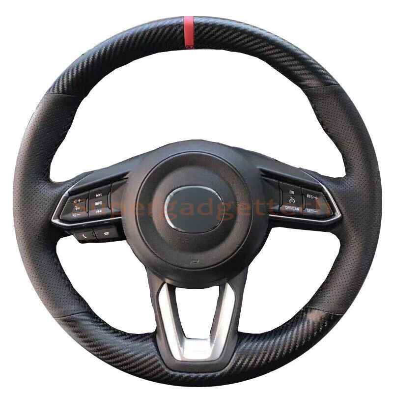 Carbon Fiber &Leather Steering Wheel Hand Sewing Wrap Cover For Mazda 6 17-18