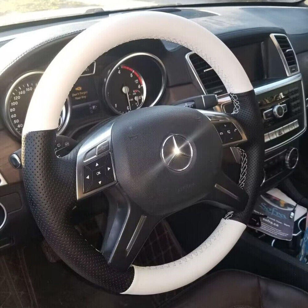 White&Black Leather Steering Wheel Yellow Stitching Wrap Fit For Mercedes W204