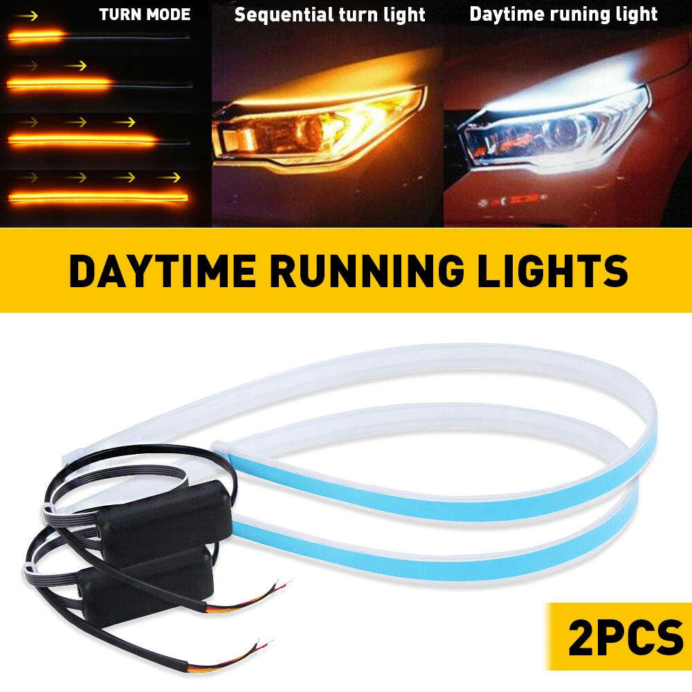 2X 60CM FLEXIBLE LED AMBER TURN SIGNAL WHITE CAR DRL DAYTIME RUNNING STRIP LIGHT 6B93BC-57