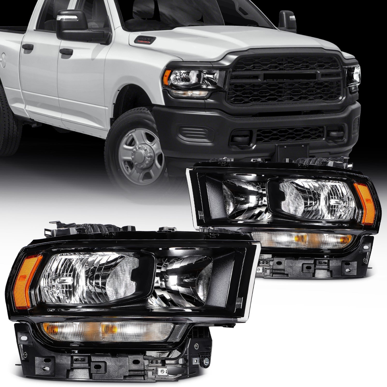 Pair Headlights Assembly For 2019-2024 Ram 2500 3500 5.7L 6.4L 6.7L Black Amber 6B93BC-57