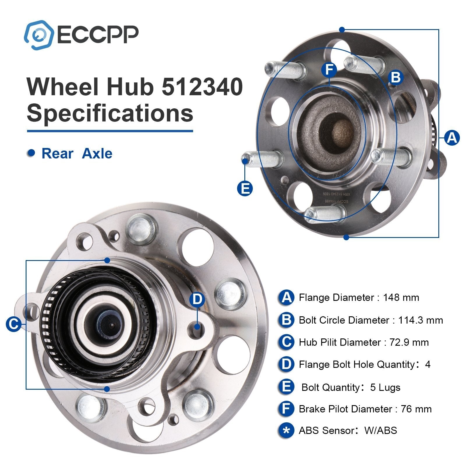 1Pc Wheel Hub Bearing Rear For Hyundai Elantra 2.0L 2007-2010 2011 2012 W/ ABS 6B93BC-57