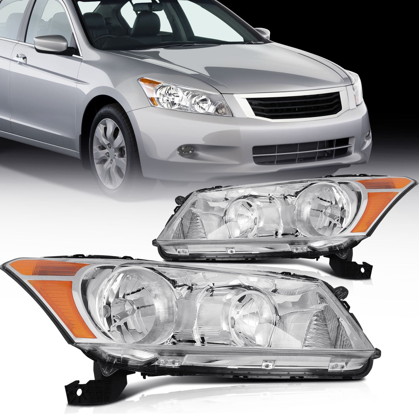 Pair Kit Headlights Assembly For 2008-2012 Honda Accord 2.4L 3.5L Chrome Amber 6B93BC-57