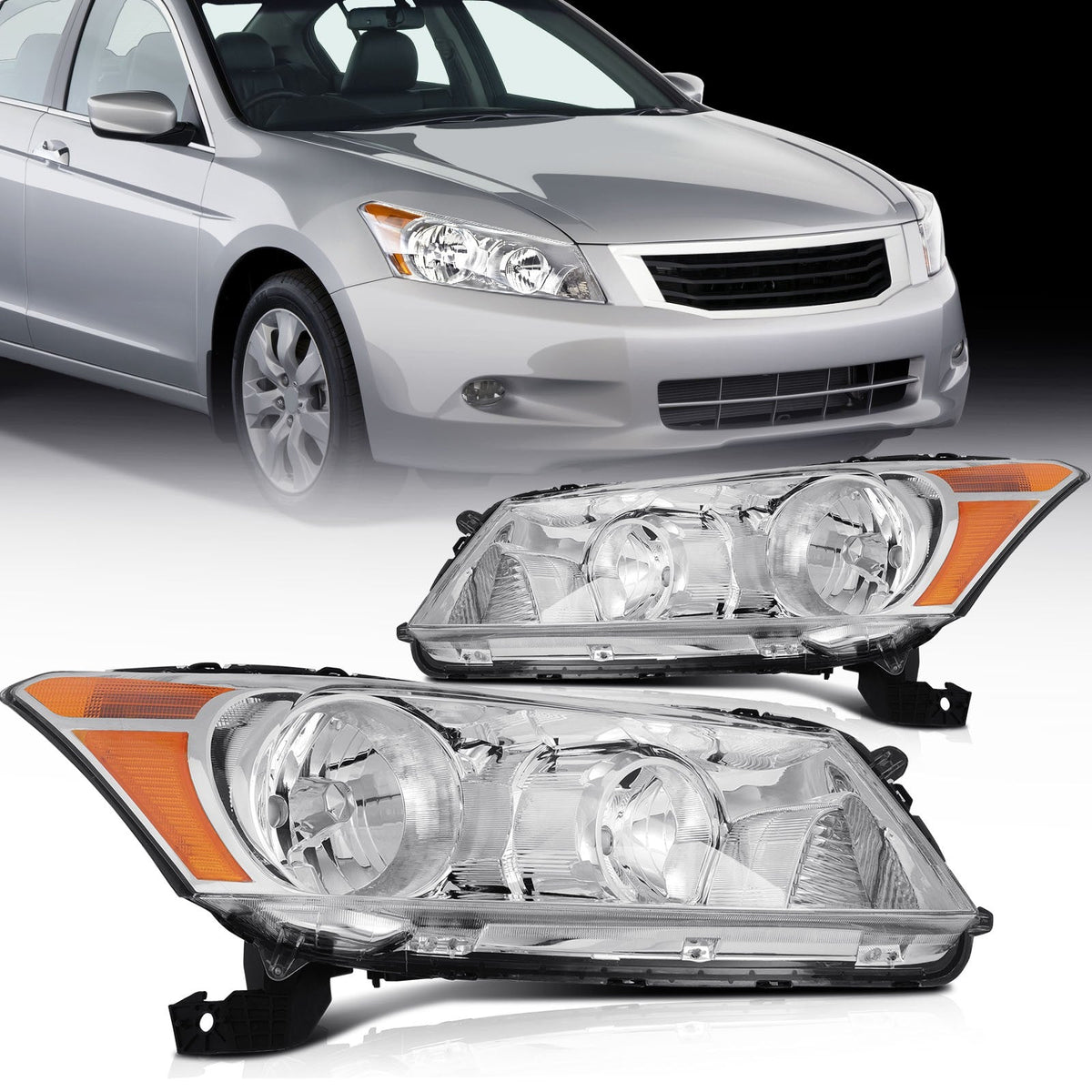 Pair Kit Headlights Assembly For 2008-2012 Honda Accord 2.4L 3.5L Chrome Amber 6B93BC-57