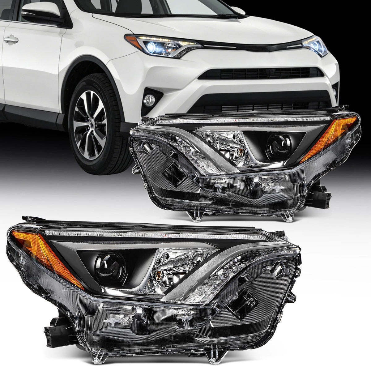 For 2018 2017 2016 Toyota RAV4 w/LED DRL Black Housing Headlights Assembly L+R 6B93BC-57