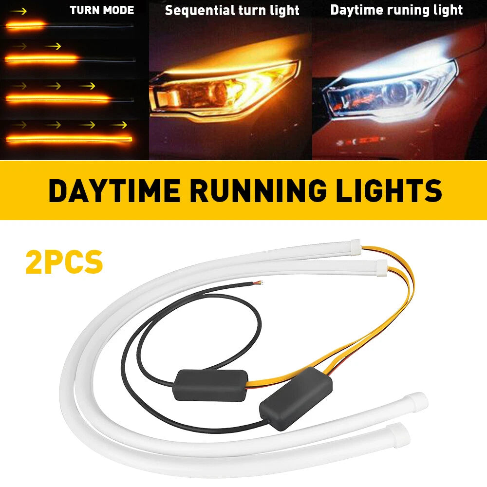 2x Flexible 60cm Car Switchback Headlight Tube LED Strip DRL Light Amber/White 6B93BC-57