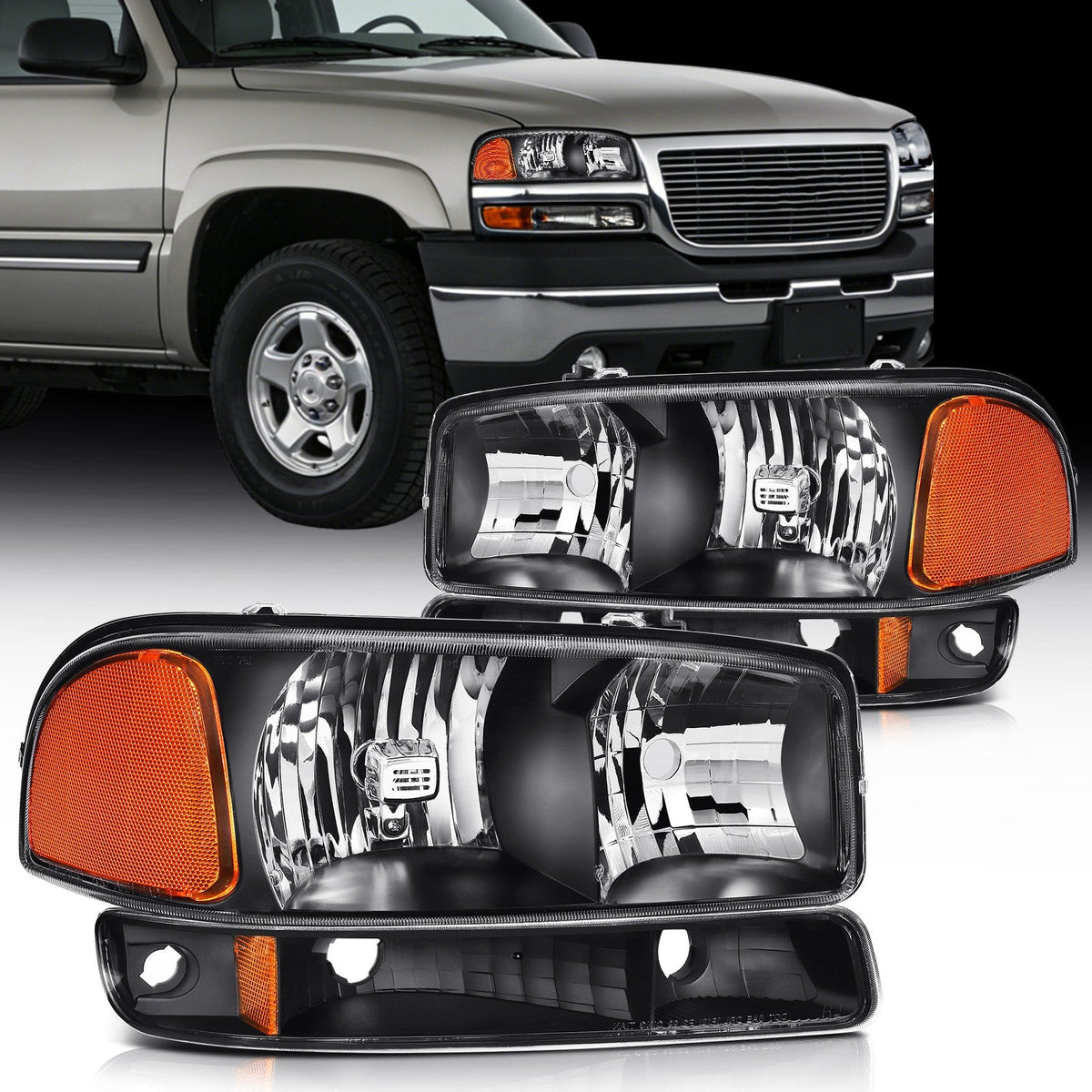 Pair Kit Headlights For 2000-2007 GMC Sierra Yukon XL 1500 2500HD 3500HD Black 6B93BC-57