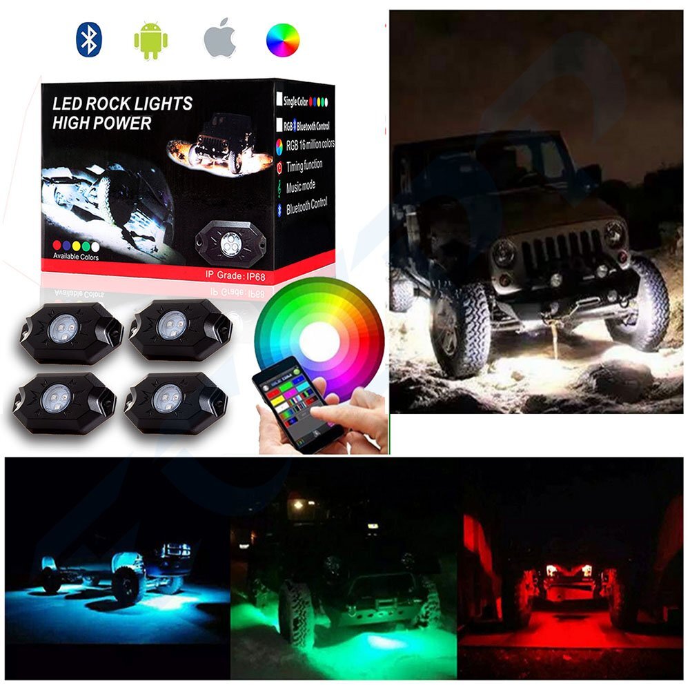 ECCPP 4 Pod RGB LED Rock Light Offroad Music Wireless Bluetooth Control ATV Jeep ECCPP