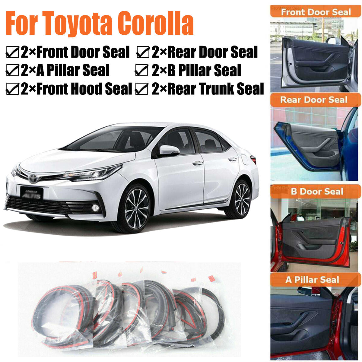 Door Rubber Seal Strips Weather Draft Noise Reduction Kit For Toyota Corolla