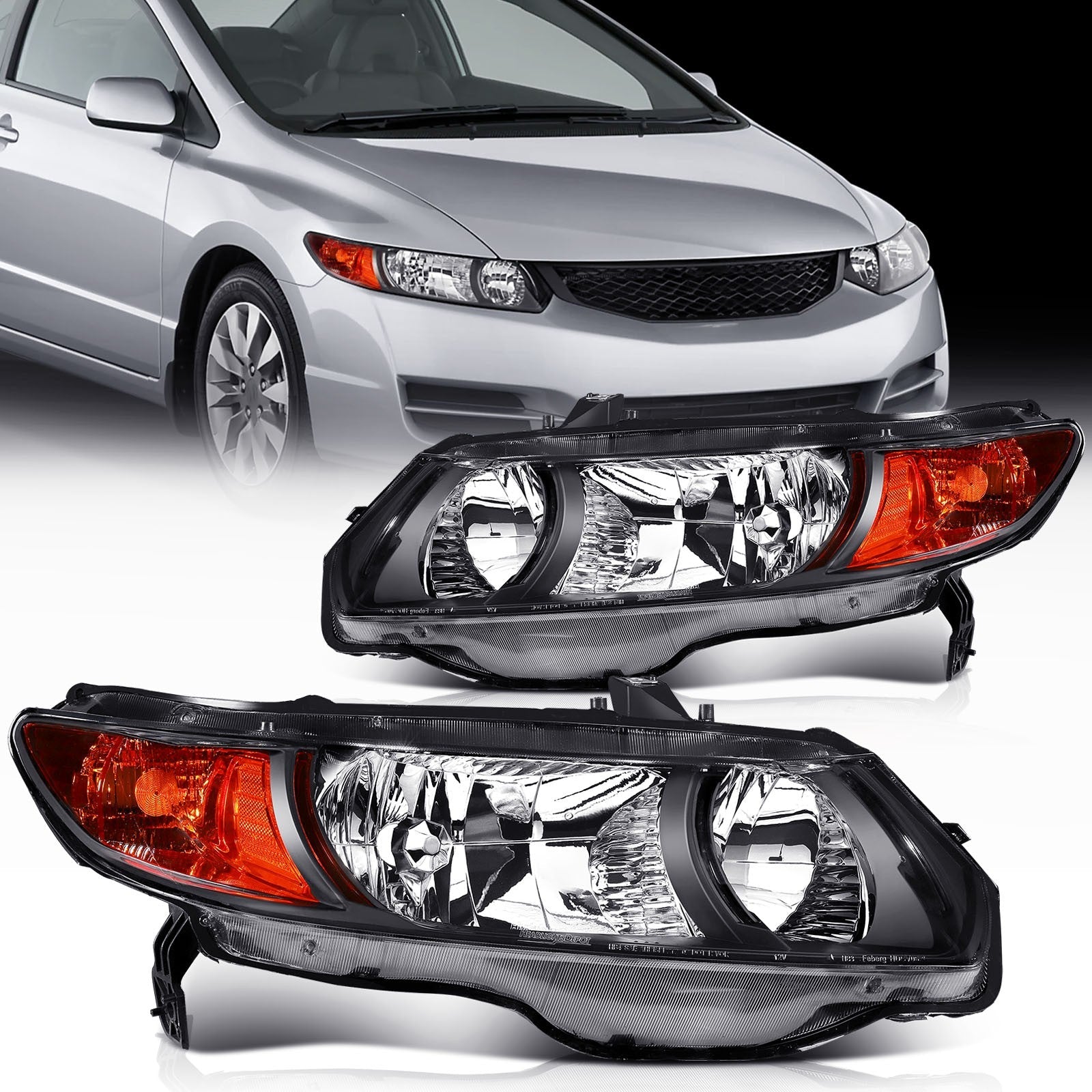 Pair Halogon Headlights Assembly For 2006-2011 Honda Civic 4-Door Black Amber 6B93BC-57