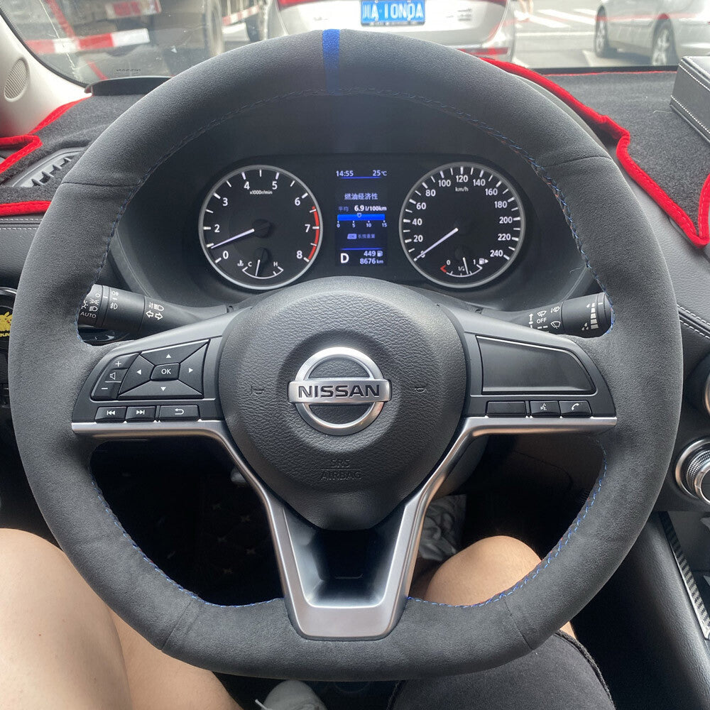 Black Suede Leather Steering Wheel Hand Sewing Wrap Cover For Nissan Altima Leaf 6B93BC-57