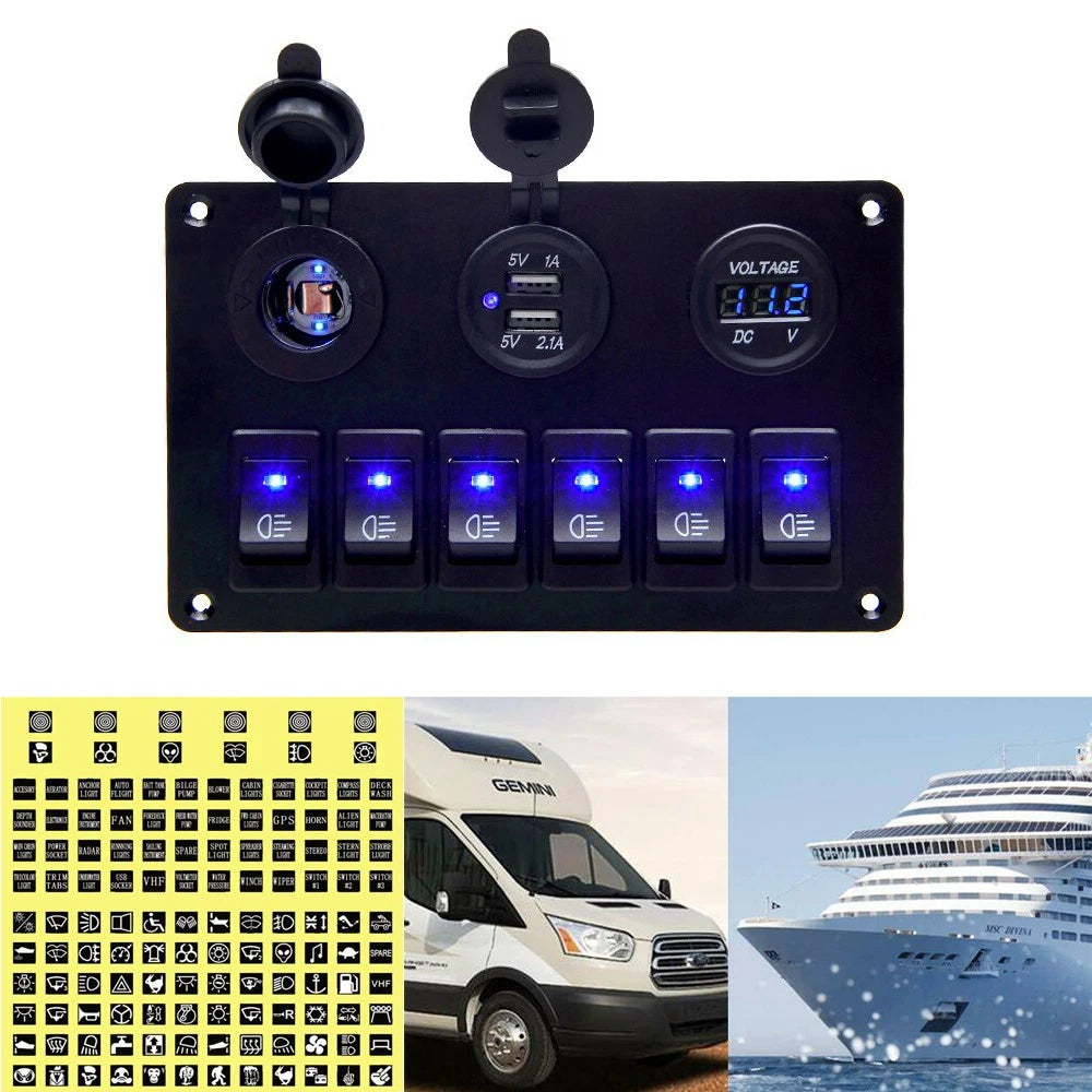 Blue LED 12V 6 Gang Toggle Switch Rocker Panel USB for Car Boat Marine RV Truck 6B93BC-57