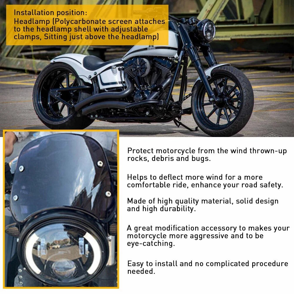 Universal Motorcycle Headlight Fairing Windscreen Windshield 5-7'' Round Black 6B93BC-57