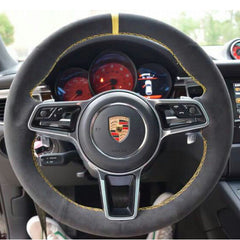 Black Suede Leather Steering Wheel Yellow Stitch Wrap Cover For Porsche Macan