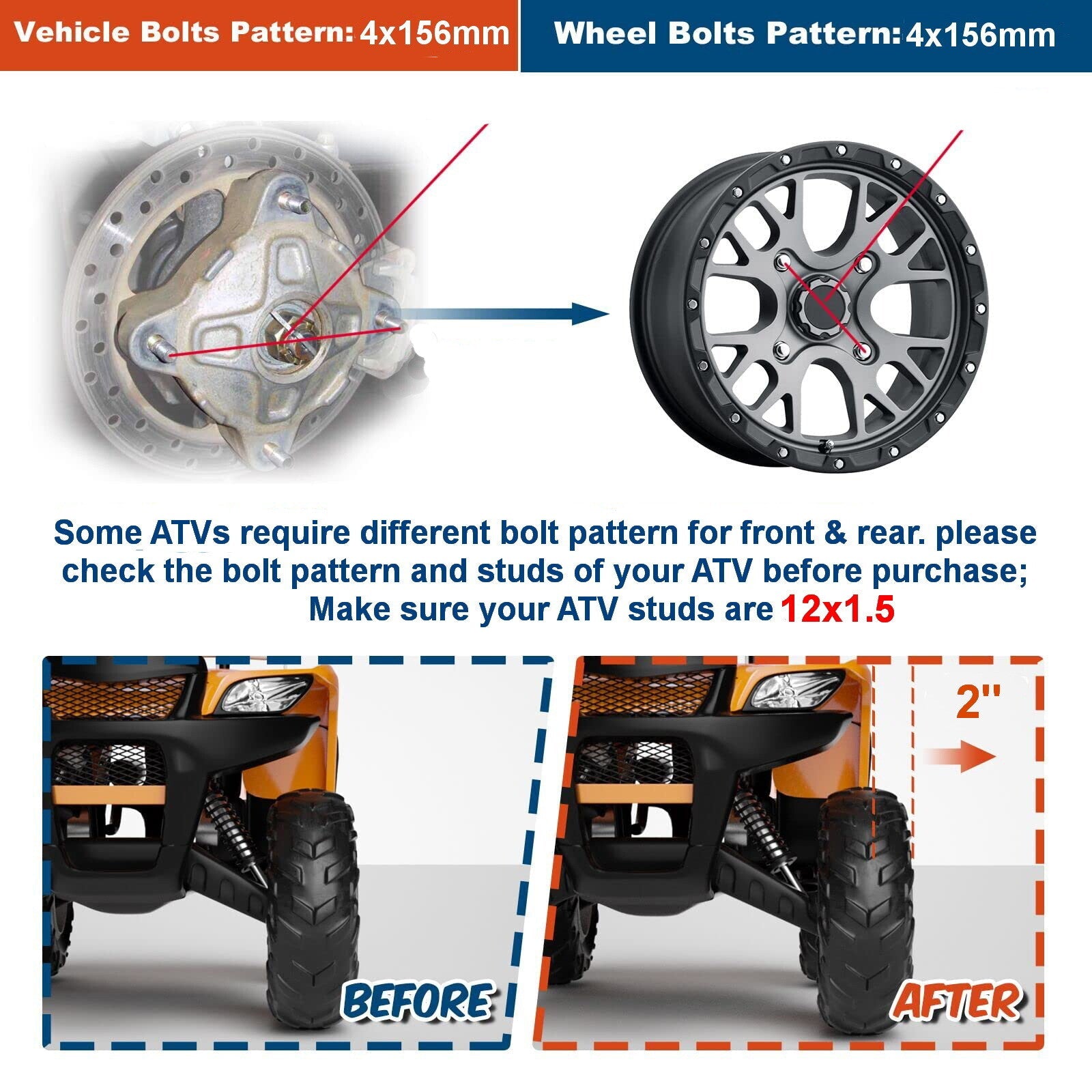 ECCPP 2 Pcs 2" 4x156 Wheel Spacers 12x1.5 For Polaris Ranger Crew XP 900 1000 ECCPP