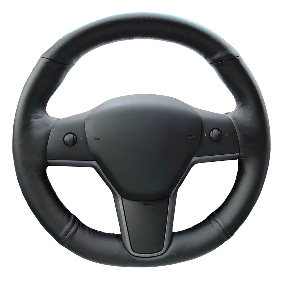 Top PU Leather Steering Wheel Hand-stitch on Wrap Cover For Tesla Model 3 Y