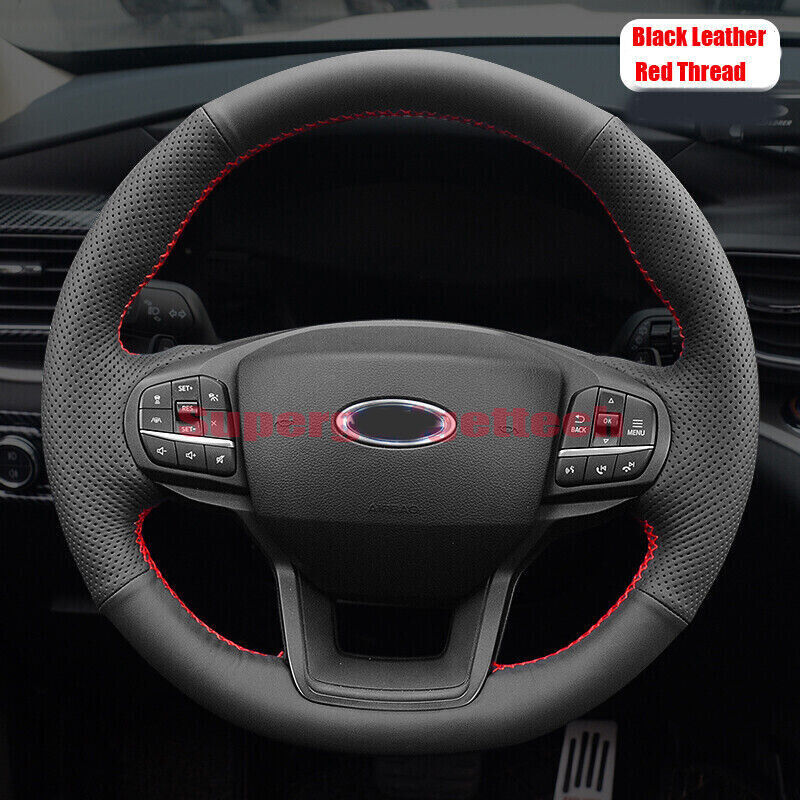 Black Leather Red Thread Steering Wheel Hand Sewing Wrap Cover For Ford Explorer