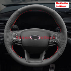 Black Leather Red Thread Steering Wheel Hand Sewing Wrap Cover For Ford Explorer