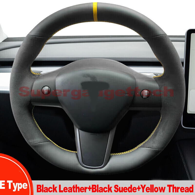 Suede+Black Leather Steering Wheel Yellow Stitch Wrap Cover For Tesla Model 3 Y