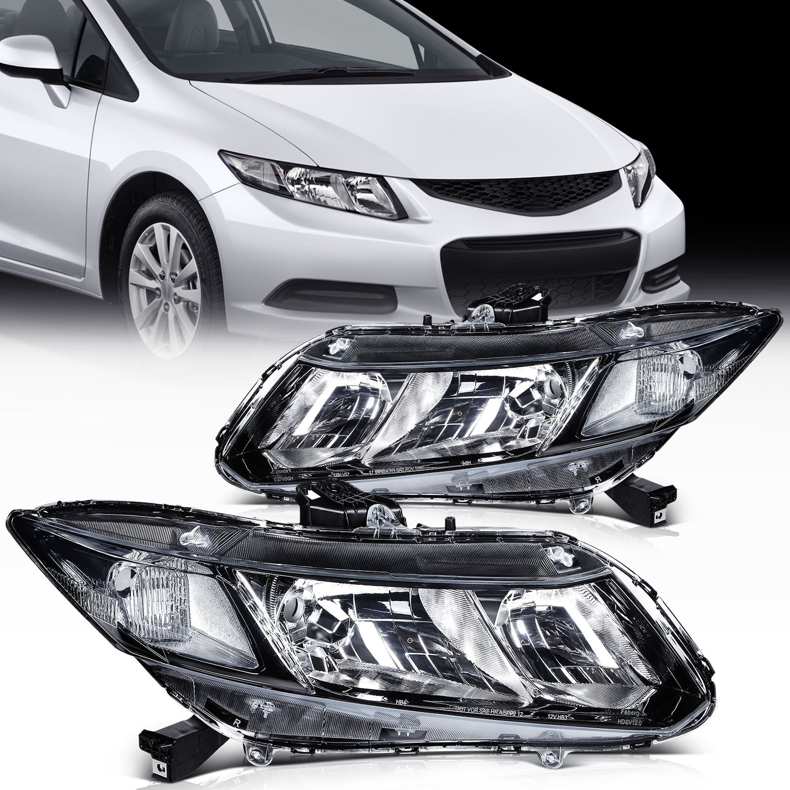 Pair Kit Headlights Assembly For 2012-2015 Honda Civic 1.5L 1.8L 2.4L Black 6B93BC-57