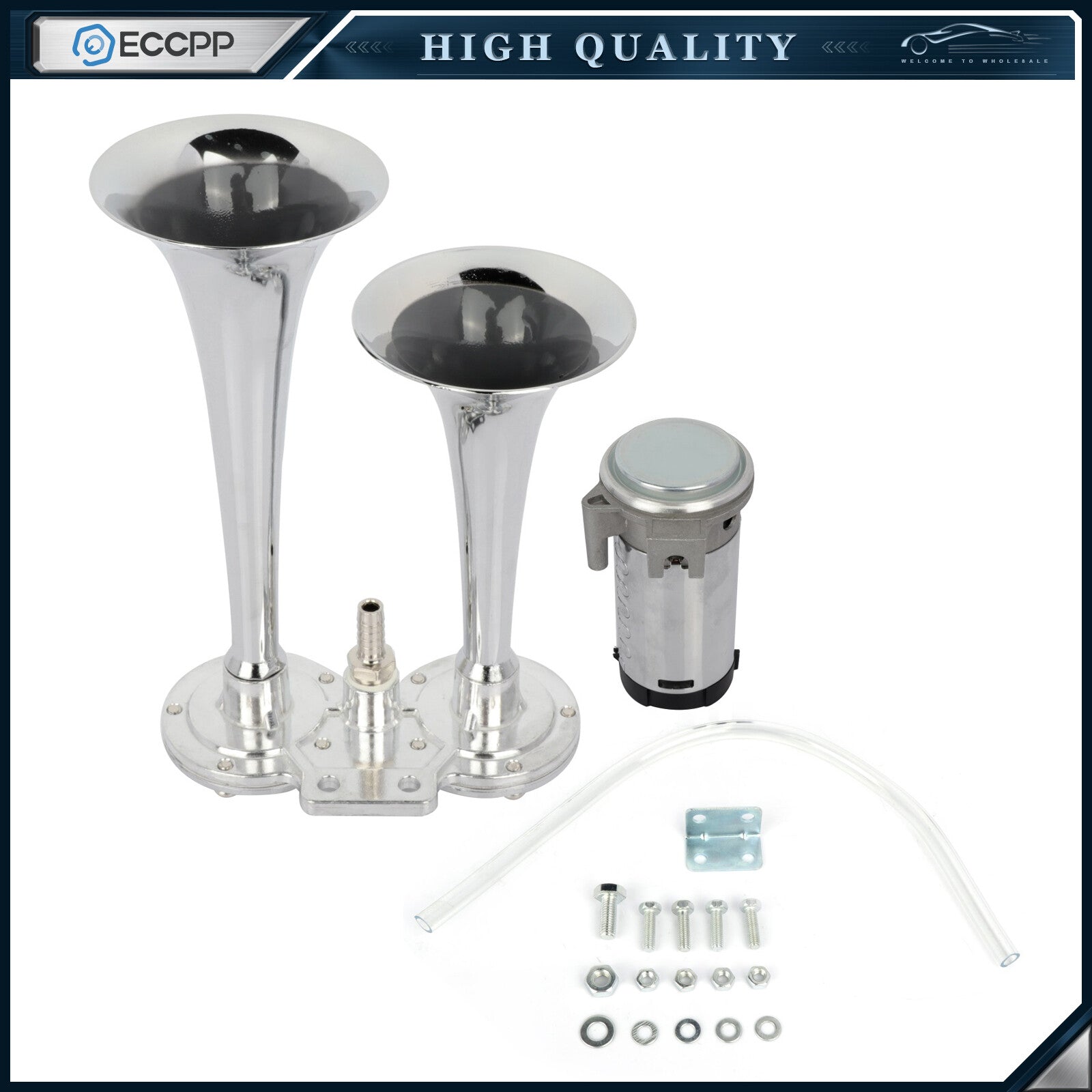 12V 135dB Car Truck Chrome Metal Dual Trumpet Train Air Horn Kit LOUD 6B93BC-57