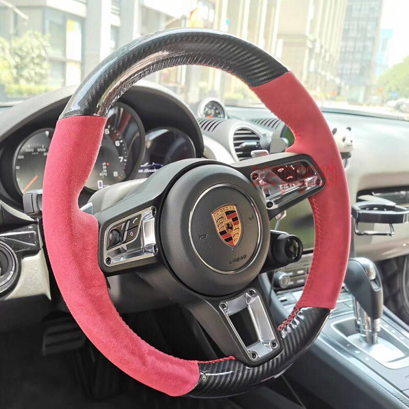 Carbon Fiber&Red Suede Leather Steering Wheel Wrap Cover Fit For Porsche Cayenne