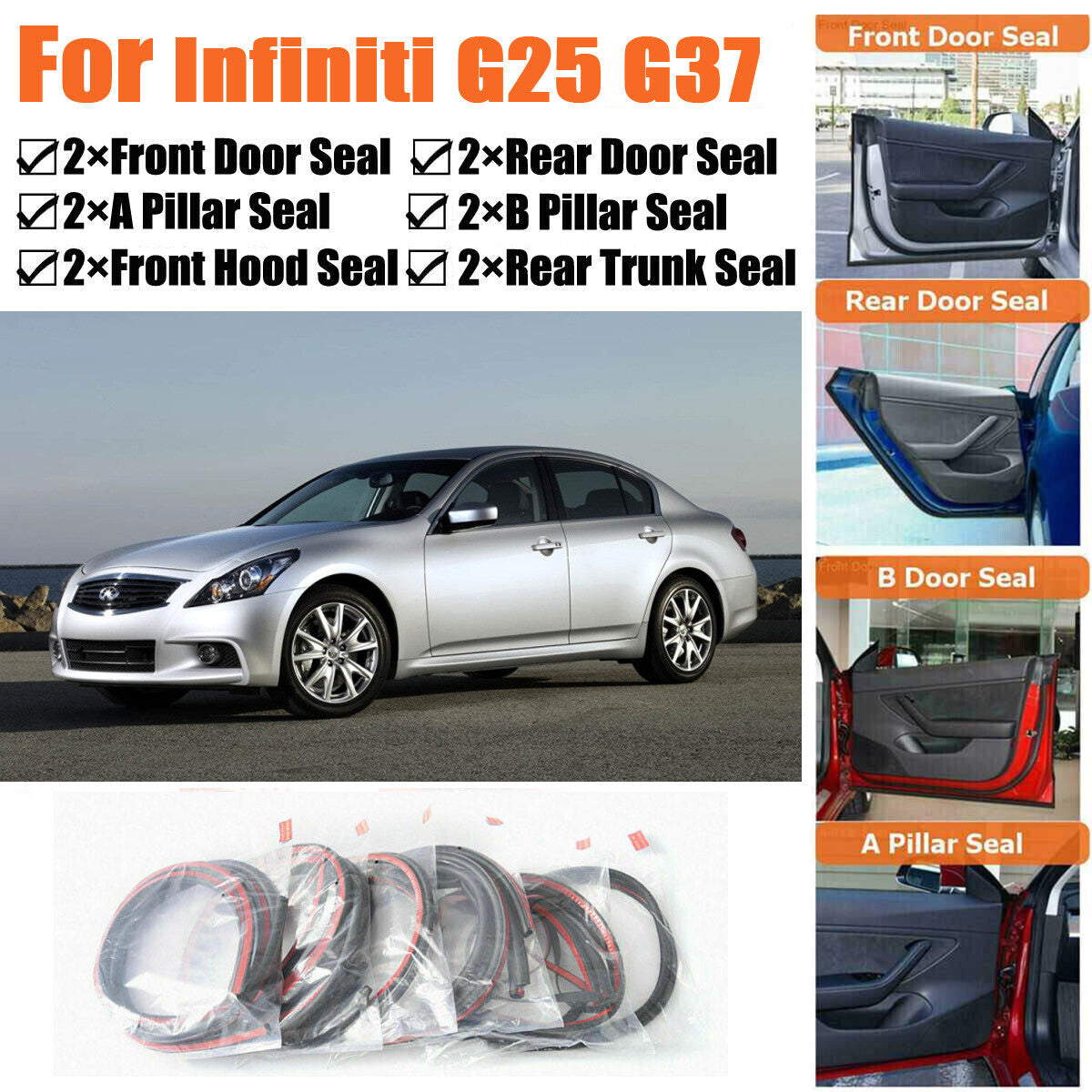 Door Rubber Seal Strips Weather Draft Wind Noise Reduction Kit For Infiniti G37