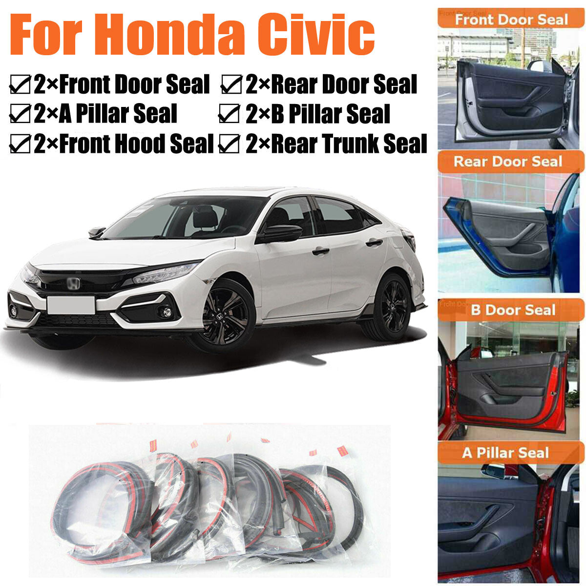 Door Rubber Seal Strips Weather Draft Wind Noise Reduction Kit For Honda Civic