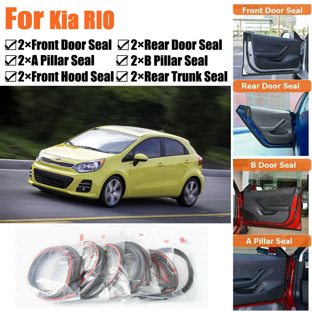 Door Rubber Seal Strips Weather Draft Wind Noise Reduction Kit For Kia RIO