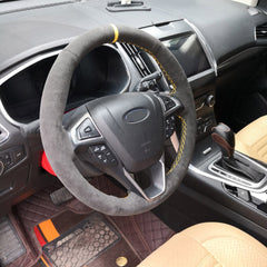 Black Suede Leather Steering Wheel Yellow Stitch Wrap Cover For Ford Fusion 13+