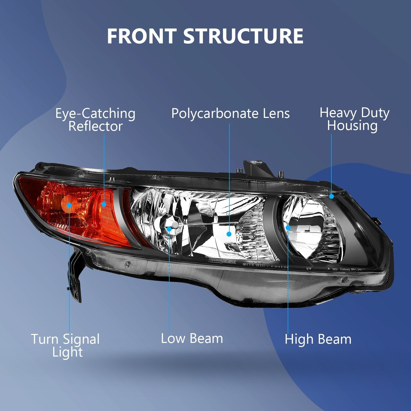 Pair Halogon Headlights Assembly For 2006-2011 Honda Civic 4-Door Black Amber 6B93BC-57