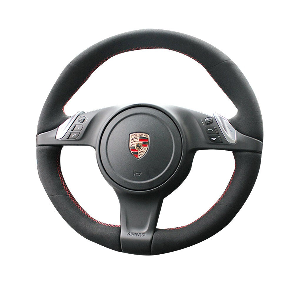 Black Suede Leather Steering Wheel Red Stitching Wrap Fit For Porsche Panamera