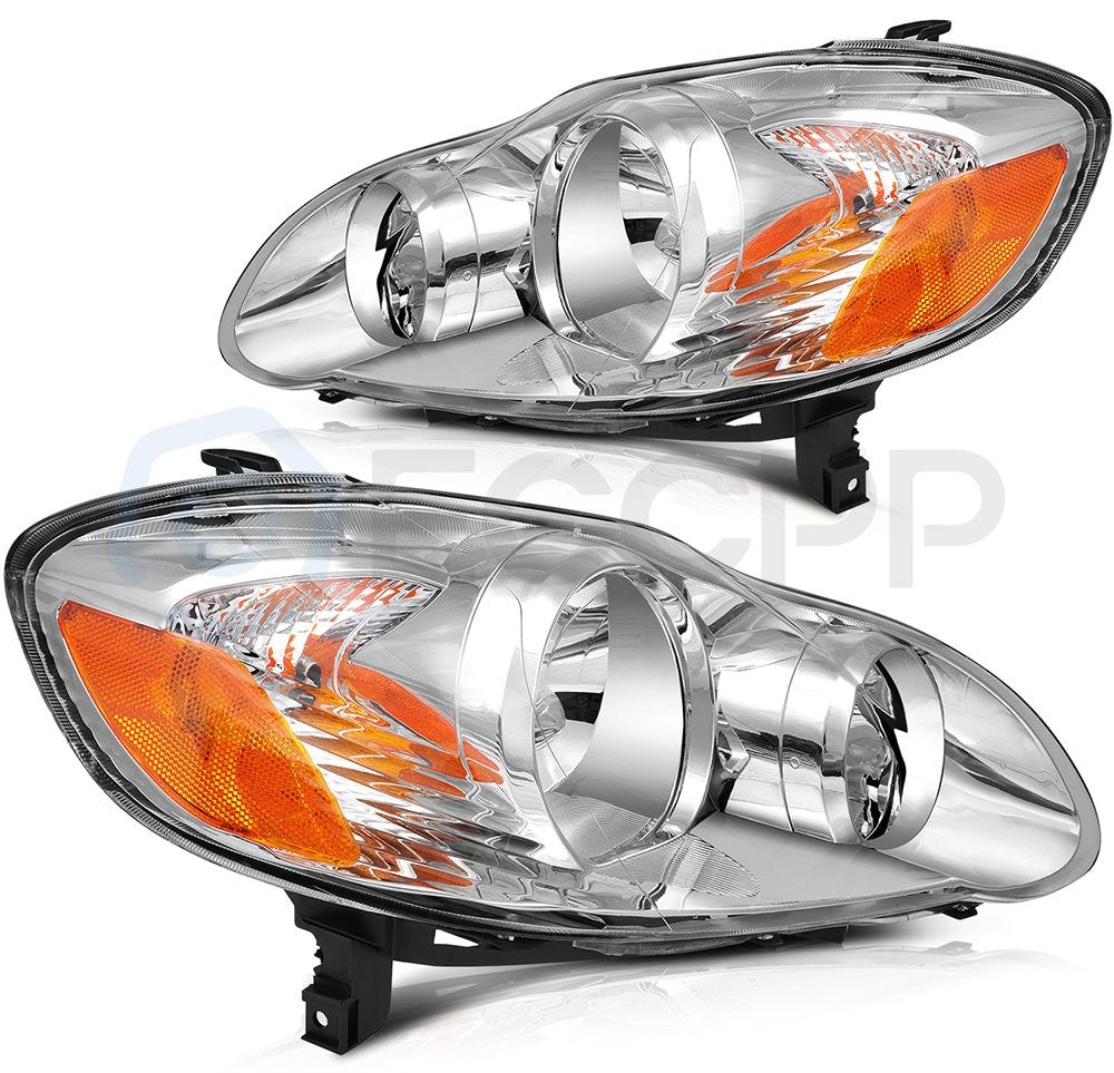 Pair Halogon Headlights Assembly For 2003-2008 Toyota For Corolla Chrome Amber 6B93BC-57
