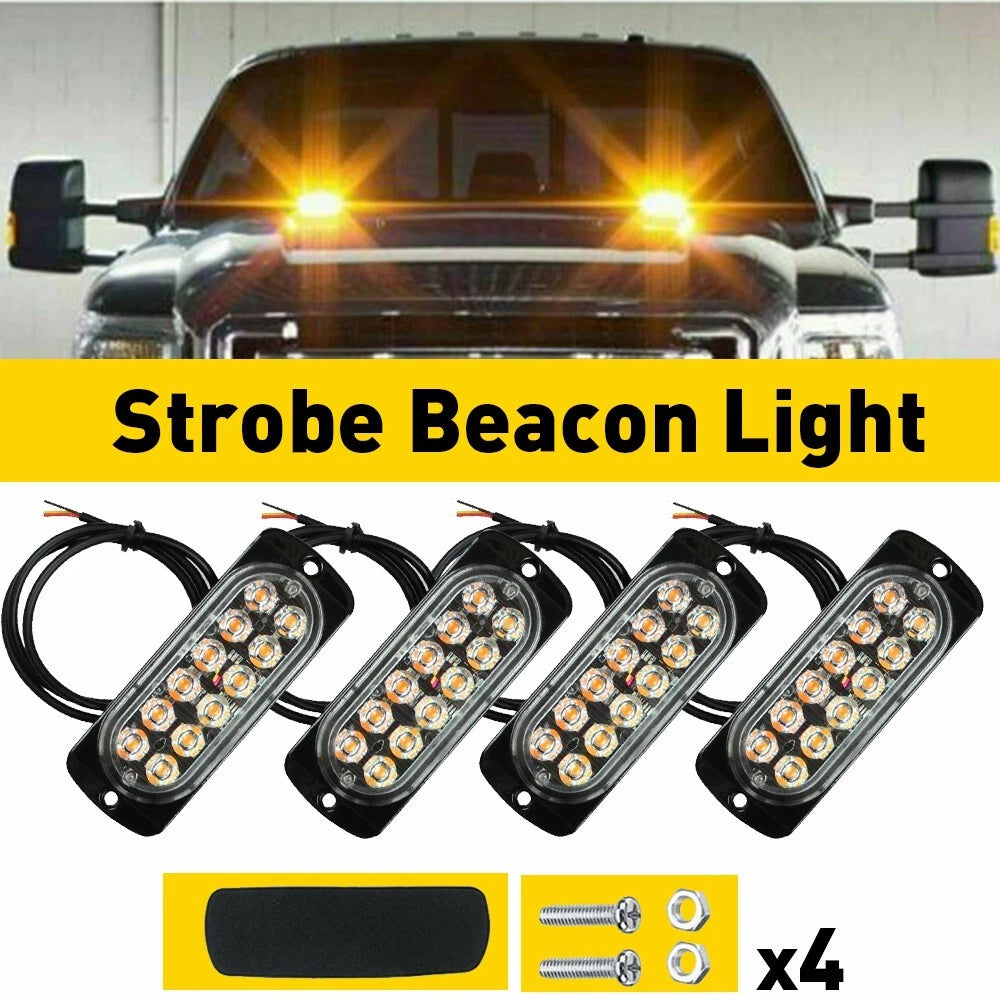4PCS 12LED Amber Truck Flashing Car Beacon Warning Hazard Strobe Flash Light Bar 6B93BC-57