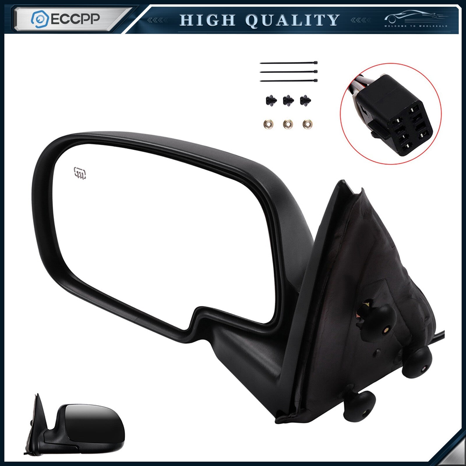 Driver Side Power Heated Tow Mirror For 2000-2002 Chevy GMC Black Smooth 6B93BC-57