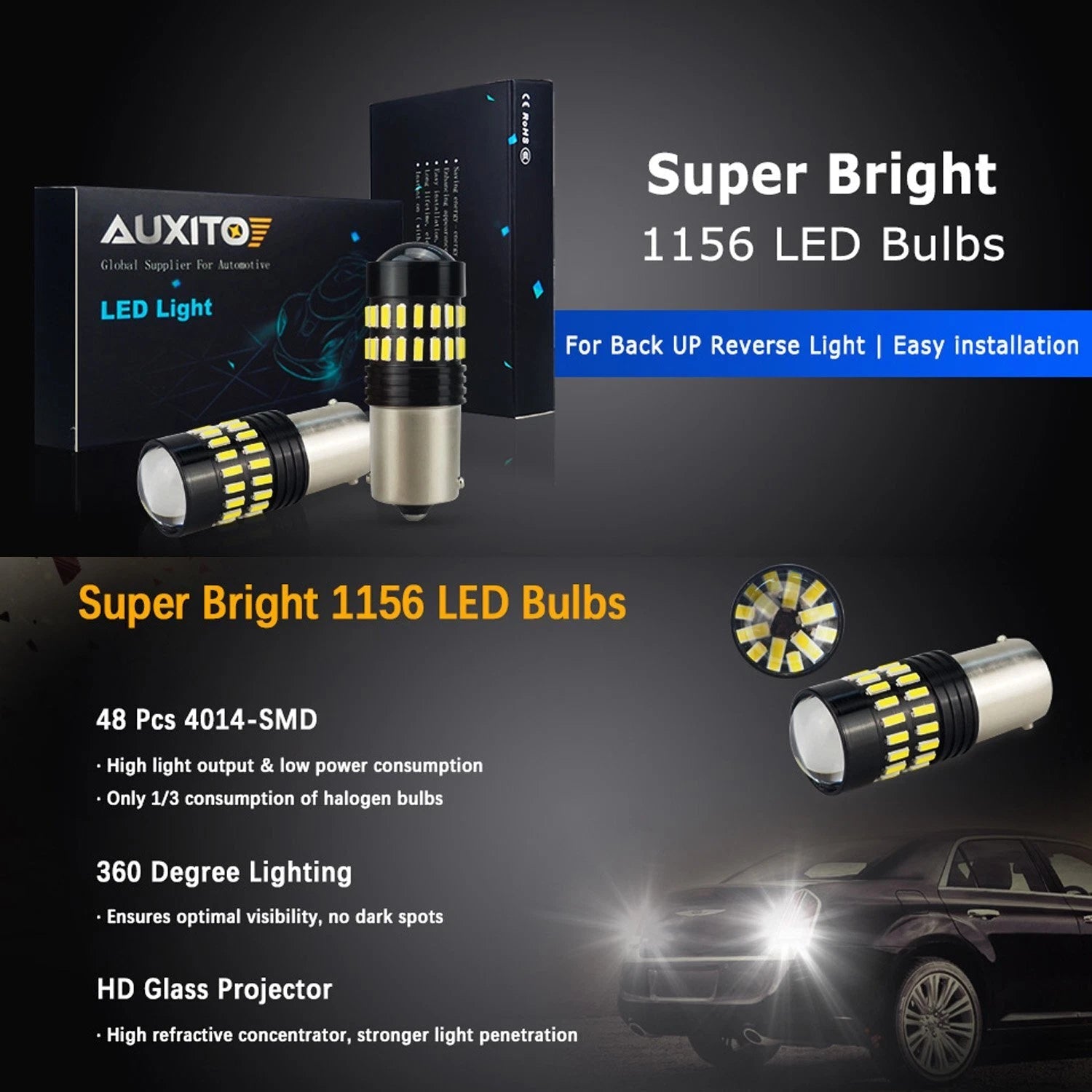 4X AUXITO BA15S 1156 P21W 7506 Reverse Back Up Light Super White LED Bulb 48H A AUXITO
