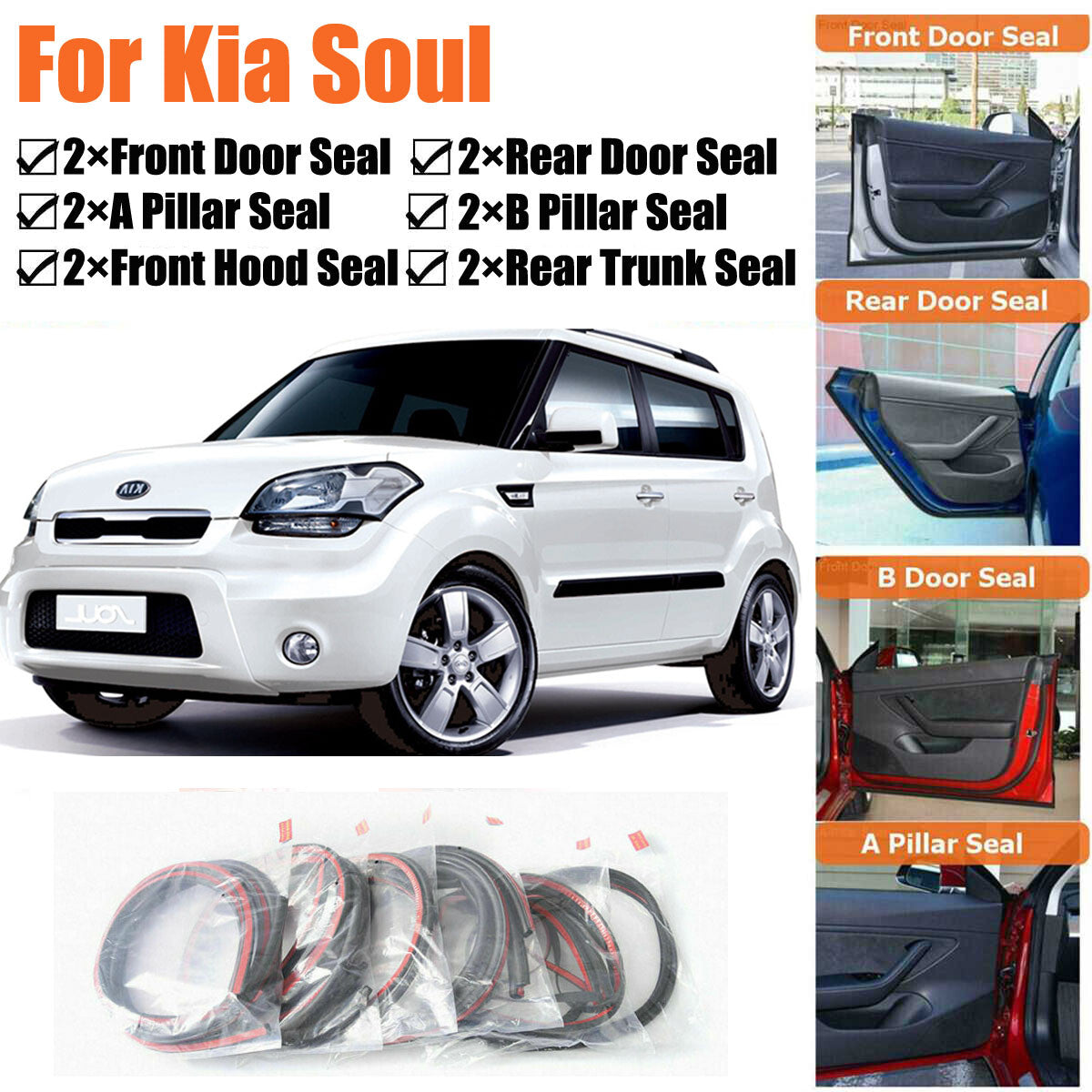Door Rubber Seal Strips Weather Draft Wind Noise Reduction Kit For kia Soul