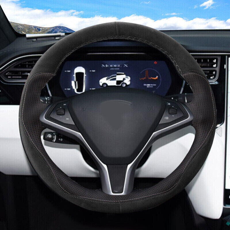 Black Suede Hole Leather Steering Wheel Hand Sewing Wrap For Tesla Model S/X