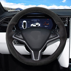 Black Suede Hole Leather Steering Wheel Hand Sewing Wrap For Tesla Model S/X