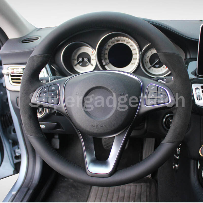 Black&Suede Leather Steering Wheel Stitch-on Wrap Cover For Mercedes Benz C180