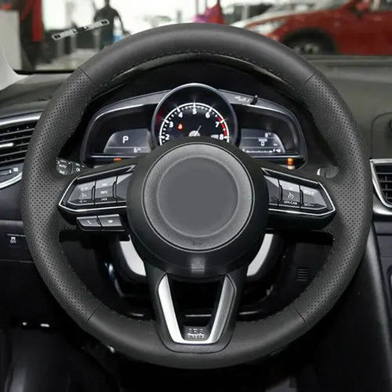 Black &Hole Leather Steering Wheel Hand Sewing Wrap Cover For Mazda CX-5 17-19