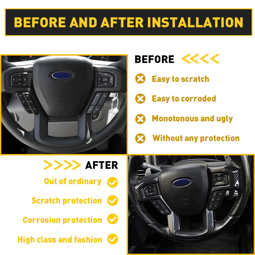 For F150 Carbon Fiber Steering Wheel Cover Trim for 15+Ford F150 F350 Super Duty 6B93BC-57