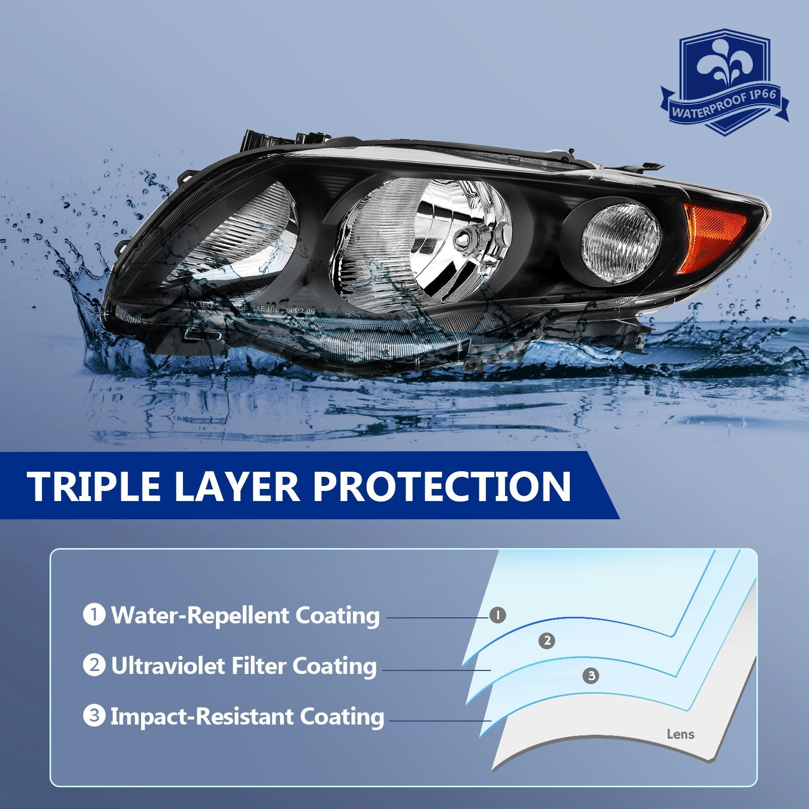 Pair Headlights Assembly For 2009-2010 Toyota For Corolla 1.8L 2.4L Black Amber 6B93BC-57