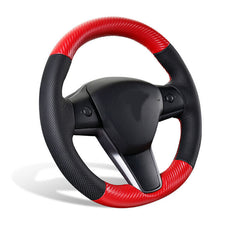 Red Carbon Fiber&Leather Steering Wheel Red Stitch Wrap Cover For Tesla Model 3