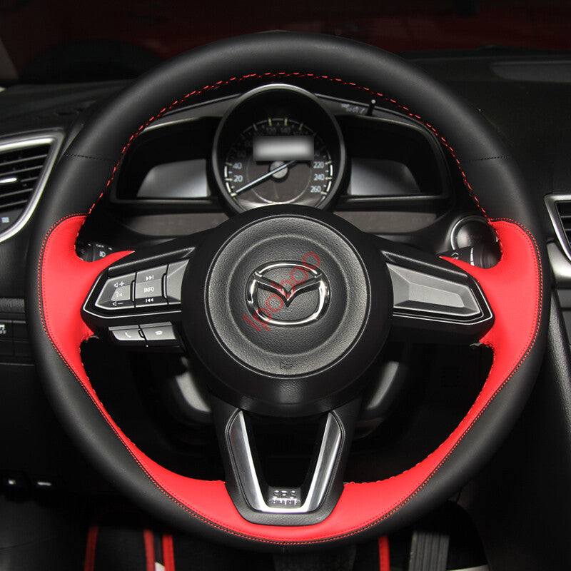 Black&Red Leather Steering Wheel Hand Sewing Wrap Cover For Mazda CX-3 2018-2019