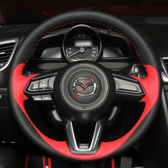 Black&Red Leather Steering Wheel Hand Sewing Wrap Cover For Mazda CX-3 2018-2019