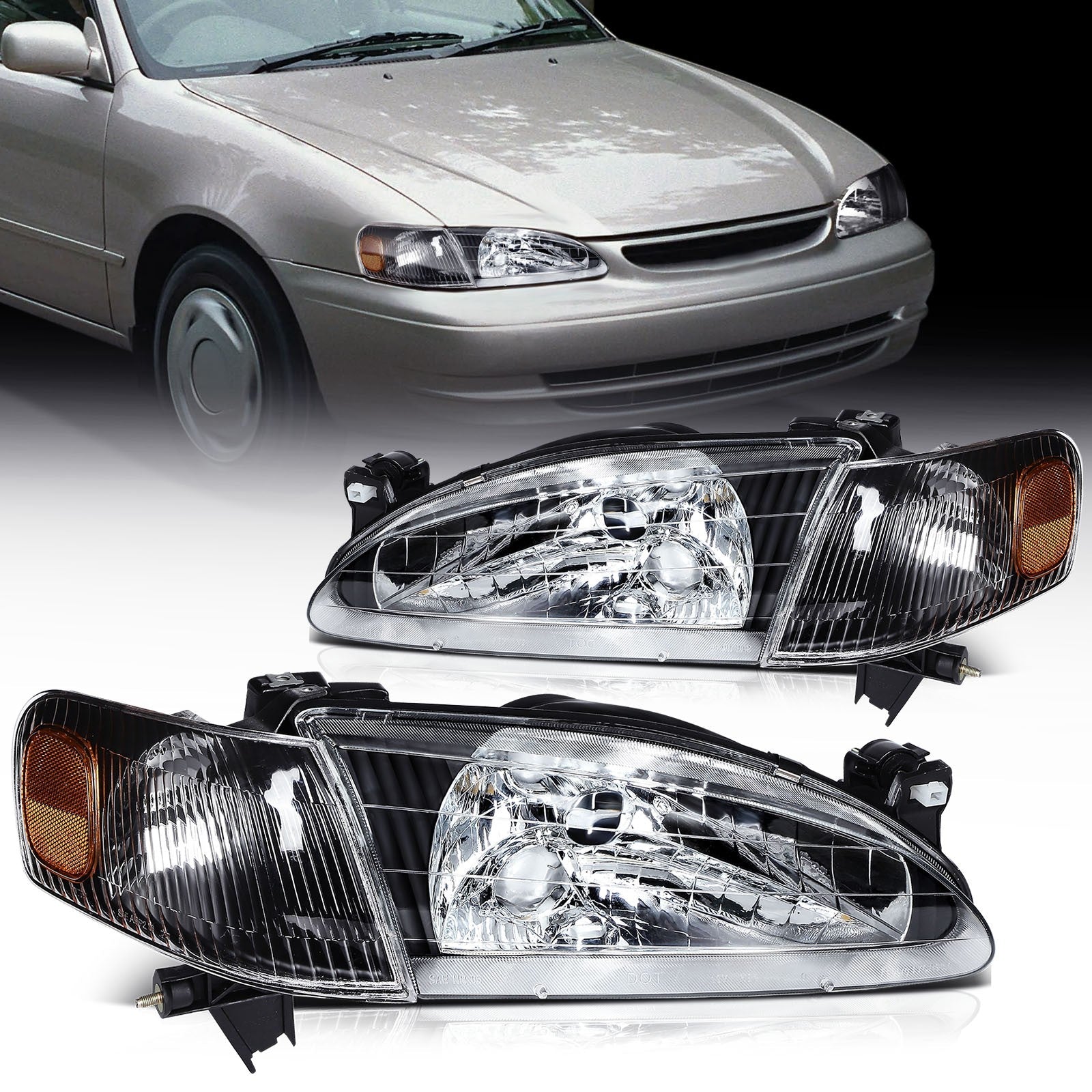 Pair Kit Headlights Assembly For 1998-2000 Toyota For Corolla 1.8L Black Amber 6B93BC-57