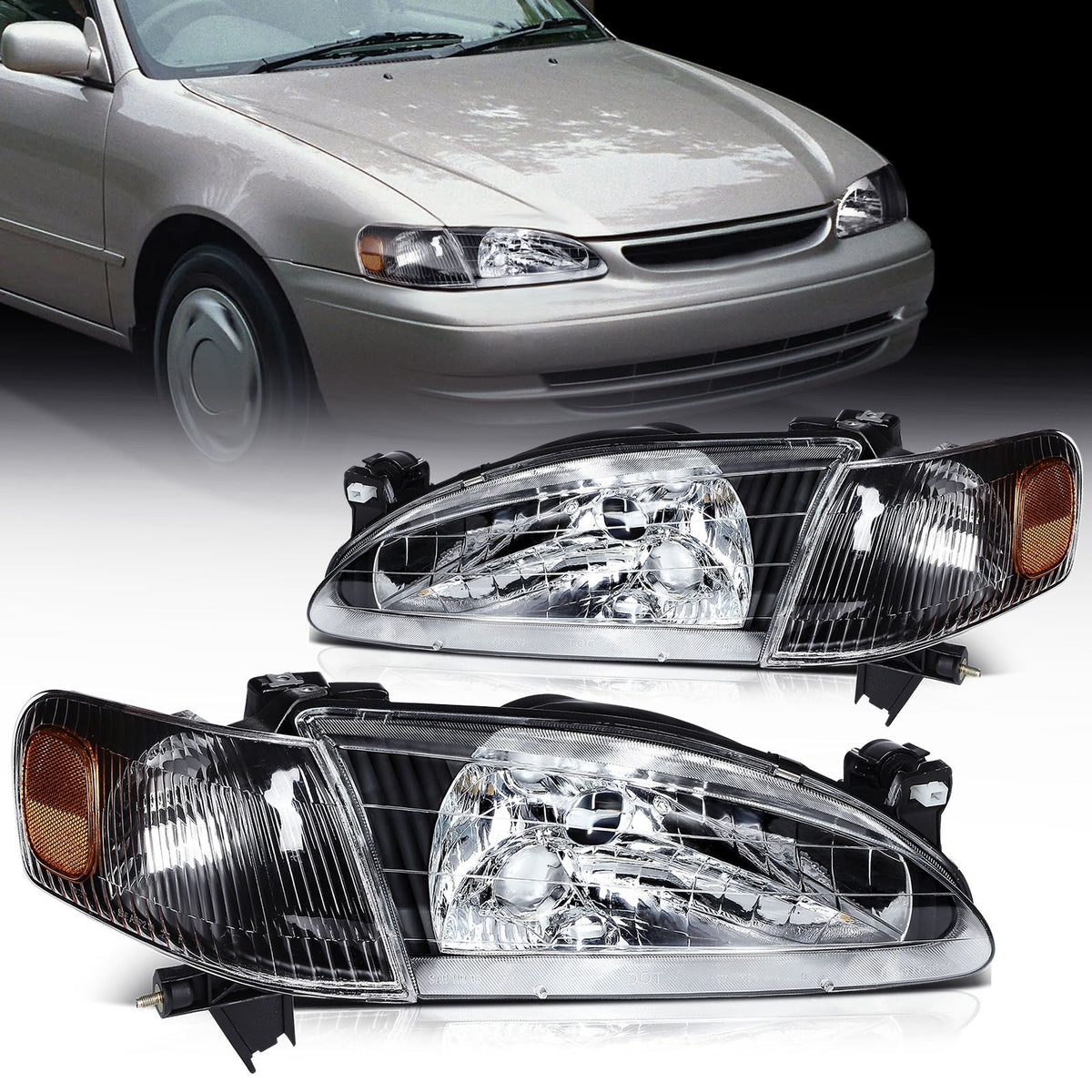 Pair Kit Headlights Assembly For 1998-2000 Toyota For Corolla 1.8L Black Amber 6B93BC-57