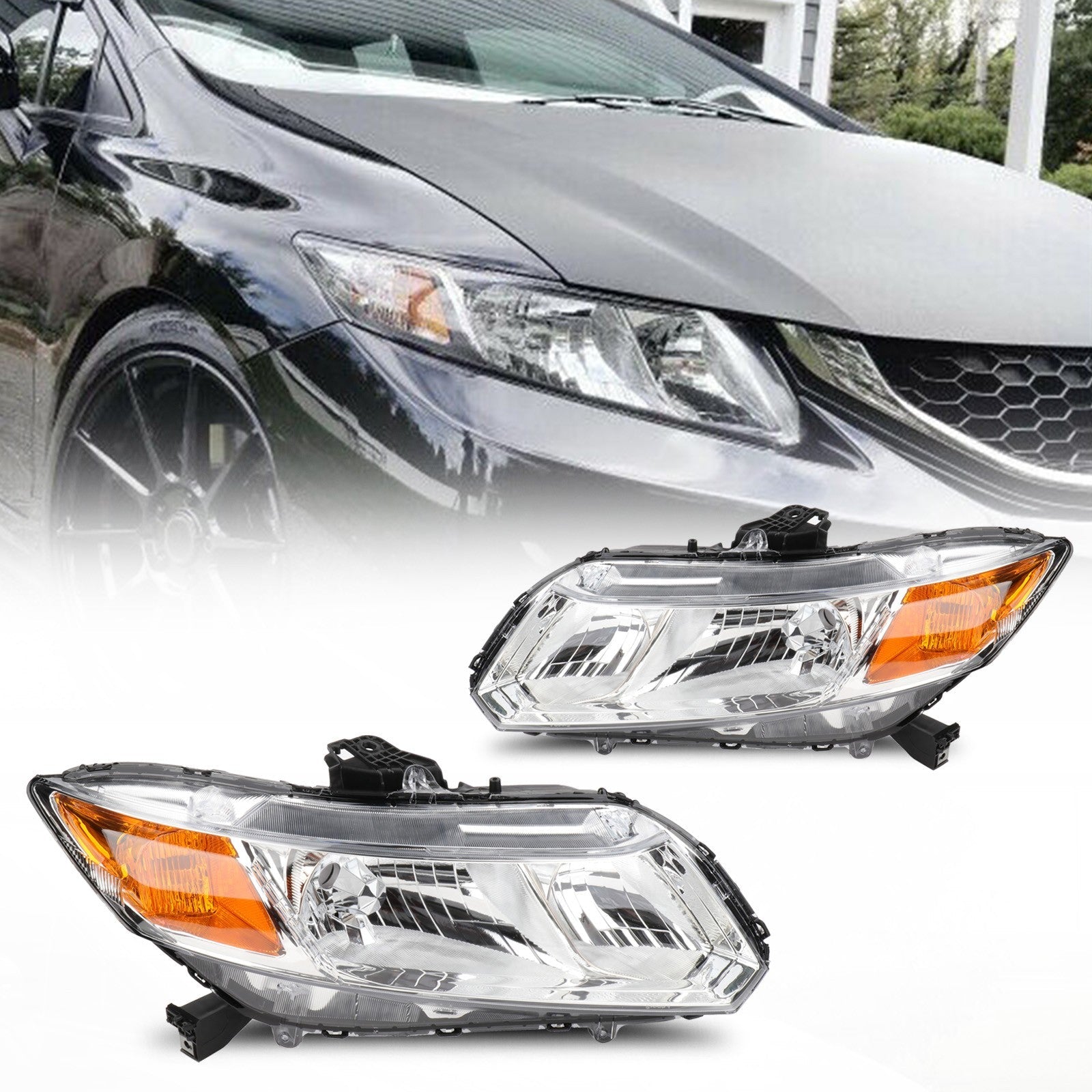Pair Headlights Assembly For 2012-2015 Honda Civic 1.5L 1.8L 2.4L Chrome Amber 6B93BC-57