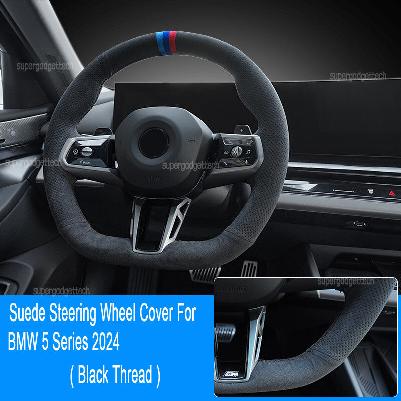 Black Suede Black Stitching Steering Wheel Stitch on Cover For BMW 5 Series 2024