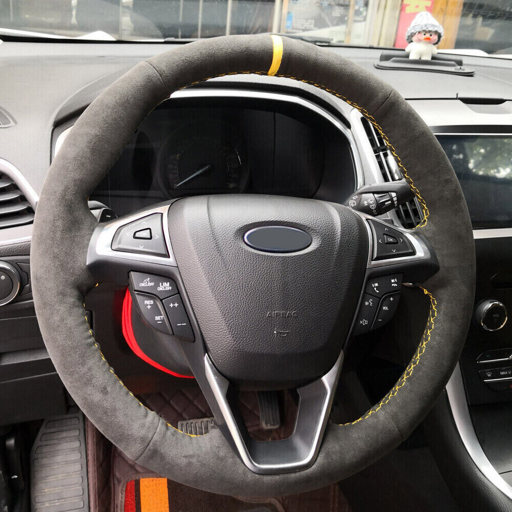 Black Suede Leather Steering Wheel Yellow Stitch Wrap Cover For Ford Fusion 13+